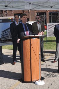 Phil Faccenda, managing partner of the South Bend office of Barnes & Thornburg LLP, address attendees at the April 9 ground breaking of a new downtown South Bend office building, which will be the law firm’s new home by summer 2021. (Photo provided by Barnes & Thornburg LLP)