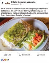 El Salto Restaurant, which has six locations in Northwest Indiana, has changed up its Facebook marketing to promote carry-out and delivery options.