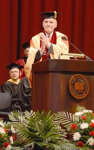 “FULLY ENGAGED CITIZENS” Indiana University Northwest Chancellor William J. Lowe addresses the Class of 2016 at the 50th Annual Commencement Ceremony this past May.