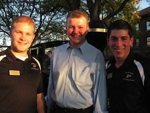 BLUE JACK DAIRY SHACK Purdue senior Jackson Troxel (right), who wants to open a dairy-themed restaurant, is pictured with student body president Joe Rust (left) and personal mentor Jay Akridge (center), agriculture dean.