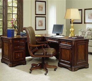 A TRADITIONAL DESK SET can fit any room configuration, says John De Young of De Young Interiors.