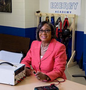“INNOVATIVE WORK” Dr. Barbara Eason-Watkins, superintendent of Michigan City Area Schools, visits the NIPSCO Energy Academy classroom in the A.K. Smith Career Center in Michigan City.
