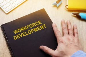 Book with title workforce development on a desk.